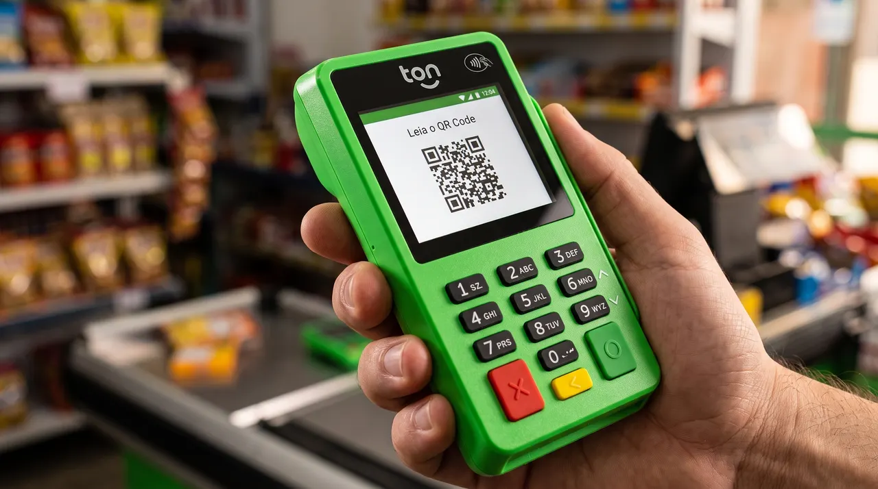 Maquininha Ton T2 na mão, modelo compacto com chip próprio