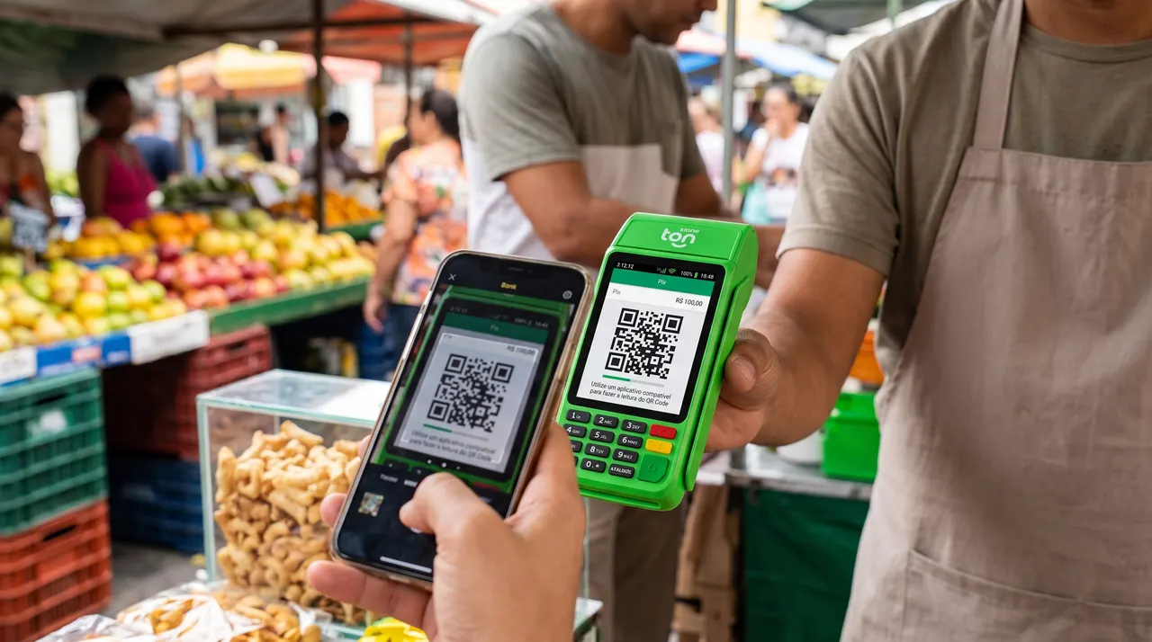 Feirante mostra o QR Code do Pix na maquininha Ton T3 e o cliente lê com a câmera do celular